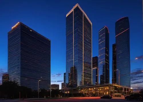 Modern skyscraper, Houston cityscape, sunny day, blue sky, white clouds, glass facade, steel beams, angular architecture, urban landscape, busy street, cars driving by, pedestrians walking, city light