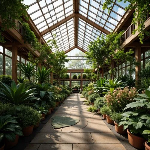 Tropical greenhouse interior, lush foliage, exotic plants, natural stone pathways, wooden trellises, transparent glass roofs, clerestory windows, solar tubes, light shelves, reflective surfaces, minim