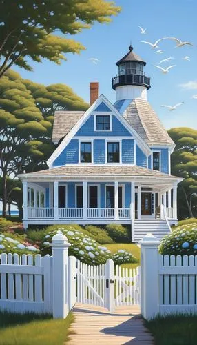 house painting,nantucket,spyglass,house by the water,summer cottage,new england style house,white picket fence,deckhouse,dreamhouse,edgartown,summer house,fisherman's house,mawes,little house,beach house,cottage,gazebo,seaside country,summerhouse,light house,Illustration,Realistic Fantasy,Realistic Fantasy 18