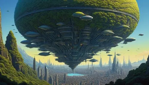 futuristic landscape,terraformed,ecotopia,alien planet,alien world,airships,Illustration,Realistic Fantasy,Realistic Fantasy 28