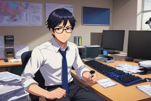 Male, mature engineer, glasses, short black hair, trimmed beard, white shirt, dark blue tie, black pants, leather shoes, sitting, desk, multiple monitors, keyboard, mouse, papers, pens, ruler, modern 