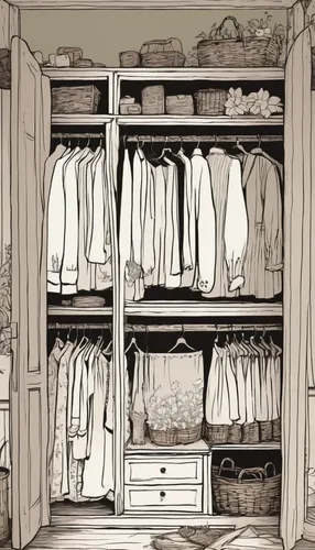 wardrobe,laundress,closet,clotheshorse,walk-in closet,armoire,garment racks,laundry room,chef's uniform,steamer trunk,clothes,laundry shop,organization,clothing,cupboard,dry laundry,pantry,laundry,women's closet,storage cabinet,Illustration,Black and White,Black and White 02