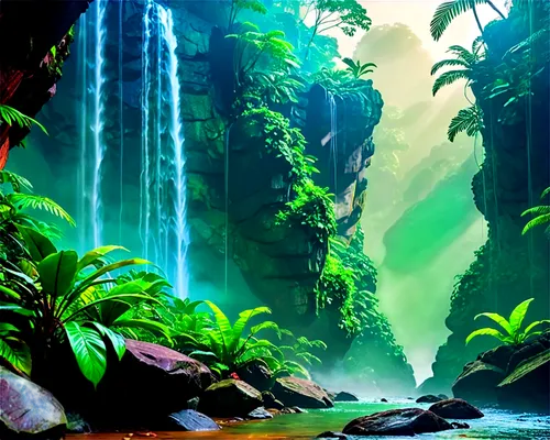 green waterfall,rainforest,tropical forest,rainforests,tropical jungle,cascada,rain forest,neotropical,verdant,jungle,green wallpaper,oasis,ash falls,cartoon video game background,nature background,underwater oasis,beautiful wallpaper,waterfall,hd wallpaper,a small waterfall,Conceptual Art,Sci-Fi,Sci-Fi 27