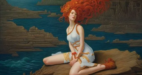 painting of a woman with long hair and a flower in her hair, peter gric and dan mumford, annasophia robb as aphrodite, complex redhead braided hair, riyoko ikeda, poseidon, by Mati Klarwein, medium lo