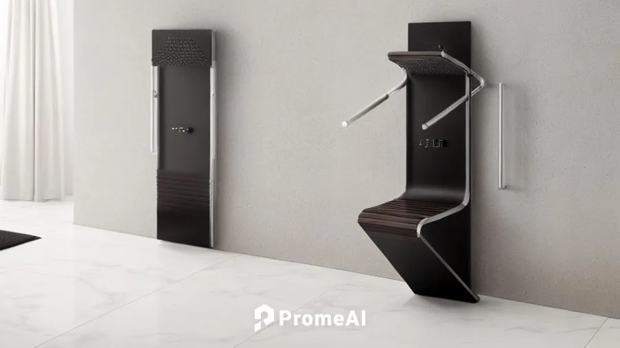 A modernistic luxurious shower seat in a bathroom,quartz clock,room divider,paper towel holder,wine rack,napkin holder,wooden shelf,modern minimalist bathroom,hanging clock,knife block,plate shelf,wal