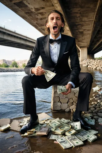 under a bridge, an very skinny man in tuxedo with a sunken face holding and eating  a big stack of cash, (screaming:0.6), homeless, chewing on dollars, extremely detailed, 8k, 35mm photograph, amazing