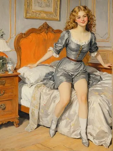 woman on bed,tissot,woman sitting,tarbell,zorn,mademoiselle,Art,Classical Oil Painting,Classical Oil Painting 42