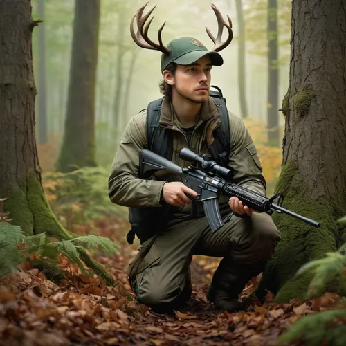 hunter in camouflage, aiming rifle, (30yo), focused expression, stubble, brown hair, forest green cap, waterproof boots, hunting vest with pockets, kneeling position, dense forest, early morning mist,