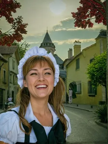 A 30-year-old French maid laughing her head off on the street.,a pretty woman standing outside smiling,fraulein,saumur,dirndl,bonjour bongu,bavarian swabia,kalinka,Photography,Documentary Photography,