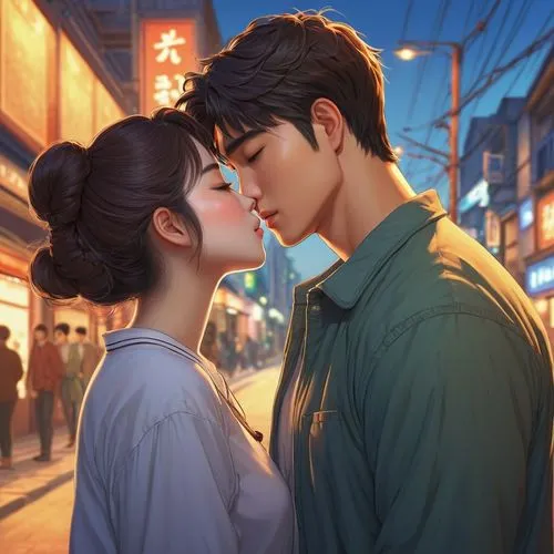 kdrama,korean drama,kimjongilia,kissing,girl kiss,romantic portrait,romantic scene,boy kisses girl,first kiss,kiss,young couple,vintage boy and girl,cheek kissing,guk,smooch,busan night scene,boy and girl,choi kwang-do,honmei choco,nộm,Illustration,Realistic Fantasy,Realistic Fantasy 27