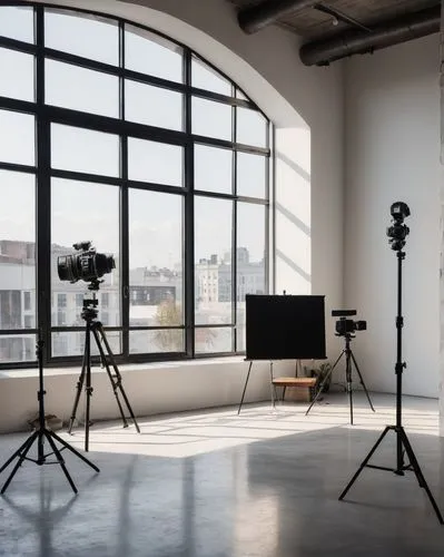 Empty studio, modern minimalist interior, white walls, polished concrete floor, high ceiling, large windows, natural light pouring in, sleek black lines, geometric shapes, metallic accents, industrial