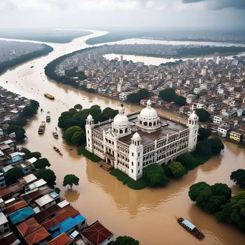 Shift to Kolkata, showing the mighty Hooghly River swelling beyond its banks. The city's colonial architecture and densely packed neighborhoods are engulfed by surging floodwaters. Water rushes throug