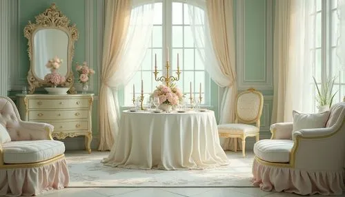 ornate room,beauty room,bridal suite,dining room,baccarat,breakfast room,danish room,peignoir,victorian room,chambre,tearoom,the little girl's room,dining table,malplaquet,bedchamber,gustavian,dressing table,interior decoration,rococo,interior decor,Photography,General,Realistic