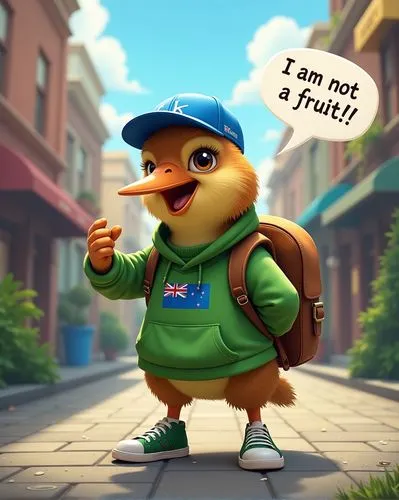 A kiwi bird wearing a blue cap, a green turtleneck with the New Zealand flag on it, green sneakers, a delivery backpack, strikes a cool pose while shouting, (speech bubble: “I am not a fruit!!”) (2.5D