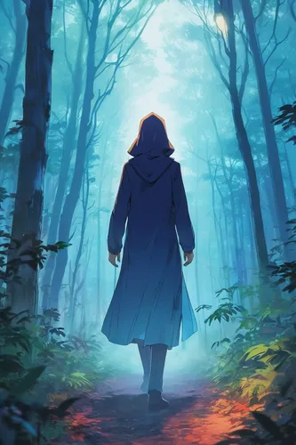 the wanderer,wanderer,game illustration,forest walk,hooded man,cg artwork,forest background,mystery book cover,forest path,in the forest,the woods,wander,forest man,the mystical path,cloak,background image,would a background,the forest,the path,hollow way,Illustration,Japanese style,Japanese Style 03