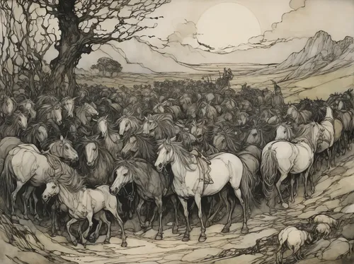 horse herd,camel caravan,man and horses,horse herder,hunting scene,arthur rackham,horseman,animal migration,alfons mucha,procession,pilgrims,fox hunting,the pied piper of hamelin,old wagon train,caravan,stagecoach,white horse,two-horses,cavalry,ancient parade,Illustration,Retro,Retro 25