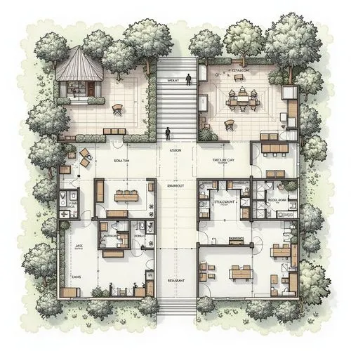 floor plan. Xochimilco. Culrural center. natural architecture. Colonial style. 1 floor. open auditorium. sport area. student doorms. restaurants. cafe. people and children












,a plan of a hom