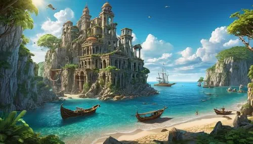 fantasy landscape,atlantica,sea fantasy,an island far away landscape,seaside resort,fantasy picture,sea landscape,imperial shores,3d fantasy,underwater oasis,ocean paradise,fantasy art,floating islands,seahaven,flying island,fantasy world,underwater landscape,cartoon video game background,isole,isle,Conceptual Art,Fantasy,Fantasy 27