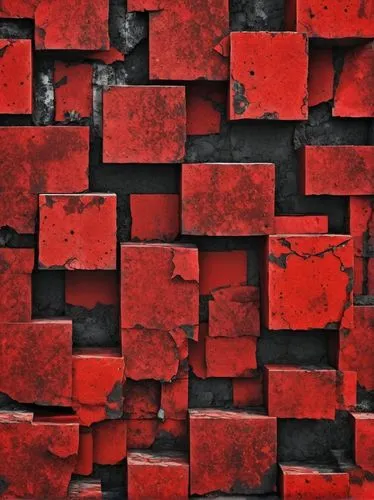 modern abstract blocks red and black only retro old textured peeling off ,a group of red blocks sitting on top of each other,red wall,firebrick,red matrix,red bricks,brick wall background,brickwall