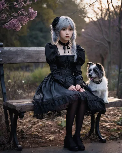 gothic dress,girl with dog,gothic fashion,cosplay image,gothic portrait,victorian lady,gothic style,pet black,companion dog,piko,black and dandelion,ginko,harajuku,goth woman,park bench,victorian style,my dog and i,autumn photo session,goth,anime japanese clothing,Illustration,Japanese style,Japanese Style 21