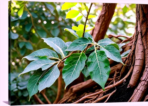 Fig tree, green leaves, curved branches, thick trunk, roots deep in earth, morning dew, soft sunlight filtering through leaves, close-up shot, shallow depth of field, warm color tone, cinematic lighti