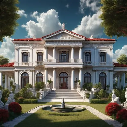 Modern Neoclassical architecture house, luxurious villa, white marble columns, ornate carvings, grand entrance, symmetrical facade, large windows, French doors, balcony with iron railings, red tile ro