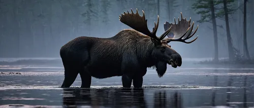 Create a suspenseful short story about a bull moose encountering a mysterious creature in a dark and foggy swamp.,bull moose,moose,elk bull,elk,moose antlers,wyoming bull moose,bull elk resting,forest