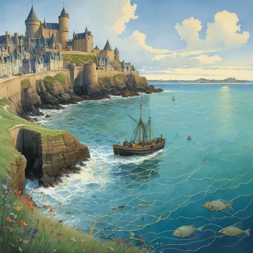 bretagne,fantasy picture,laoghaire,sea landscape,fantasy landscape,dunluce,Illustration,Realistic Fantasy,Realistic Fantasy 05