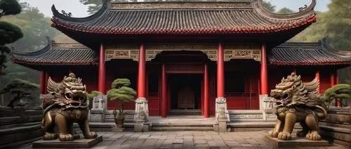 Northeast Asian architectural style, traditional Chinese temple, intricately carved wooden doors, upturned eaves, golden ornaments, vibrant red walls, ceramic roof tiles, majestic stone lions, serene 