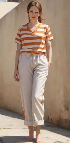 horizontal stripes,woman walking,orange,girl walking away,stripes,trousers,bermuda shorts,stripe,menswear for women,orange half,woman in menswear,pedestrian,plus-size model,striped,striped background,vlc,retro woman,girl in overalls,khaki,orange color,Digital Art,Impressionism