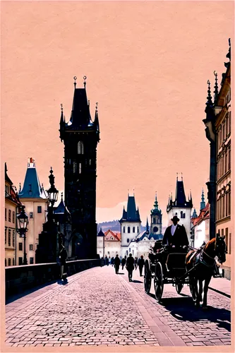 Prague City, daytime, sunny, Charles Bridge, Vltava River, Old Town Square, St. Vitus Cathedral, Baroque architecture, ornate buildings, Gothic spires, cobblestone streets, horse-drawn carriages, tour