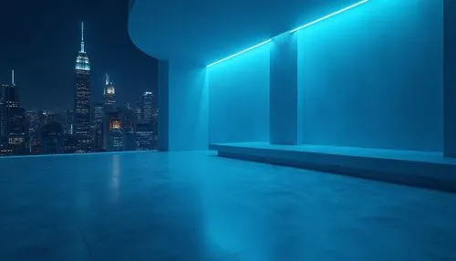 azure color, modern elegance, luxurious, high-end, sleek design, metallic sheen, reflective surface, minimalist background, subtle gradient effect, sophisticated atmosphere, urban skyscraper, night sc