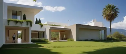 Diseñar el exterior de una casa estilo minimalista, ubicada en una privada y rodeada de un entorno verde. Al frente, hay una calle de asfalto. Utiliza colores neutros como blanco y arenas en plafones,