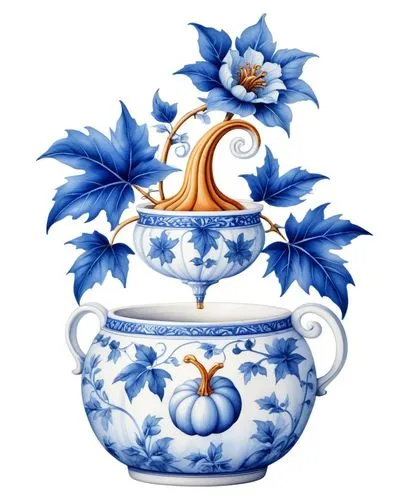 a water color painting of a bowl with some flowers on it,delftware,sevres,fleur de lys,maiolica,fragrance teapot,floral ornament