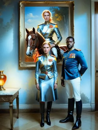 Karl admires the beautiful horse-riding portrait of his idolised wife Olga.,two men and a woman in historical clothes posing in front of a painting,napoleon bonaparte,jodhpurs,lusitanos,lipizzaners,ty