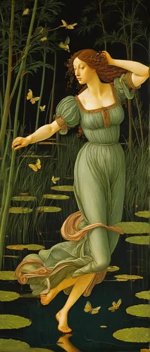 throwing leaves,rusalka,water nymph,gonepteryx cleopatra,the blonde in the river,siren,botticelli,faerie,girl on the river,fairies aloft,faery,dryad,spring equinox,artemis,angel playing the harp,mucha,kate greenaway,forest fish,vintage illustration,cupido (butterfly),Art,Classical Oil Painting,Classical Oil Painting 43