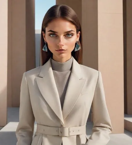 bolero jacket,shoulder pads,collared,woman in menswear,vogue,audrey,elegant,white coat,menswear for women,coat,asymmetric cut,audrey hepburn,business girl,trench coat,neutral color,model beauty,collar,business woman,elegance,model,Photography,Realistic