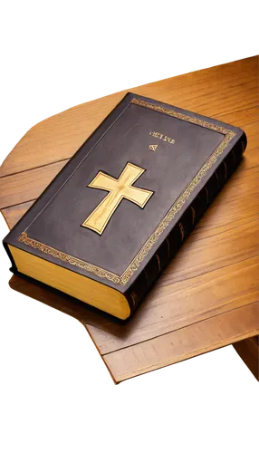 Old leather-bound Bible, golden cross on cover, intricate engravings, yellowed pages, worn edges, ornate font, decorative initial letters, brown wooden desk, soft morning light, shallow depth of field