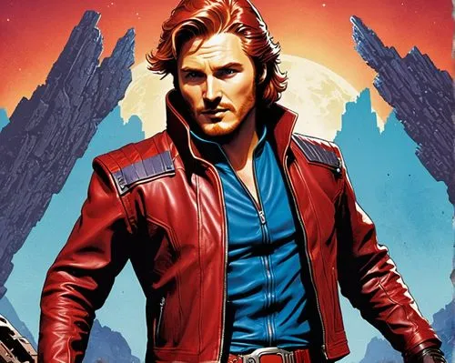 star-lord peter jason quill,lando,solo,red super hero,el capitan,magneto-optical drive,70's icon,magneto-optical disk,cg artwork,renegade,napoleon,aquaman,mullet,hotrod,red chief,action hero,star of the cape,dune,glider pilot,viewing dune,Conceptual Art,Sci-Fi,Sci-Fi 20