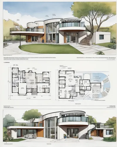 (magazine layout:1.2) of a circular residence with (construction material suggestion:1.2), an open central courtyard, curved walls, (a central skylight: 1.2), and multiple levels connected by (a spira