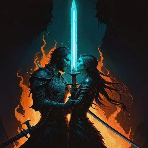 king sword,sword,fantasy warrior,swords,swordsman,lone warrior,knight,dragon slayer,torch-bearer,warlord,paladin,heroic fantasy,excalibur,warrior and orc,games of light,witcher,dagger,the white torch,burning torch,defense,Illustration,Paper based,Paper Based 19