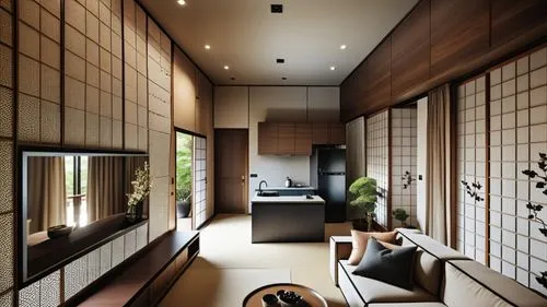 This design shows the living room and kitchenette in the spring Japanese style hot spring hotel suite that combines Japanese style with Puli culture. It is mainly based on ebony tones, combined with m