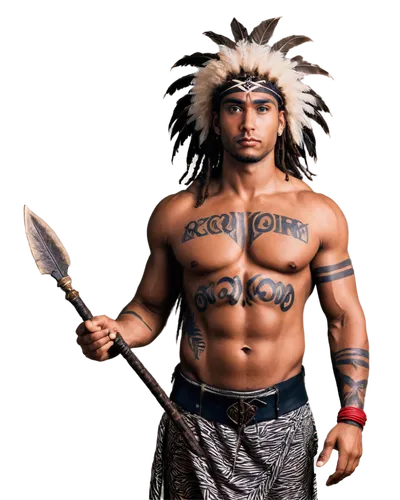 Tribal warrior, muscular man, African tribe, dreadlocks hair, facial paint, feathered headdress, tribal tattoos, loincloth, holding spear, standing proud, strong posture, warm sunlight, high contrast,