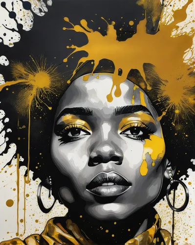 gold paint stroke,gold foil art,gold paint strokes,gold leaf,african woman,bjork,effect pop art,pop art style,fashion illustration,african art,pop art effect,adobe illustrator,brandy,cool pop art,gold foil,blossom gold foil,black woman,queen bee,mary-gold,digital artwork,Illustration,American Style,American Style 03