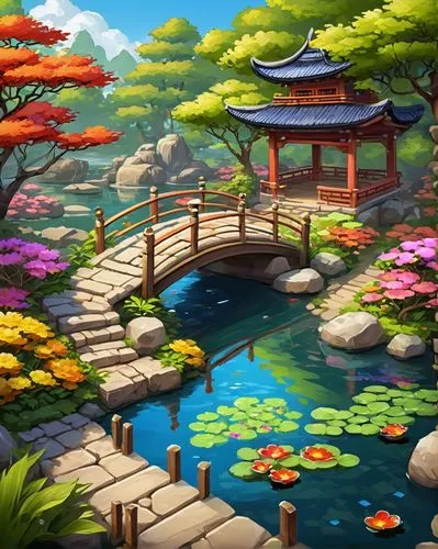 Serene villa, Japanese garden, tranquil atmosphere, small pond with rippling water, surrounded by lush greenery, bonsai trees, vibrant colorful flowers, stepping stones, wooden bridge, rustic lanterns