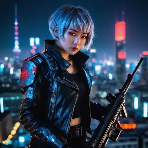 AI Kirishima, futuristic cyborg, blue neon lights, metallic body, glowing red eyes, short silver hair, intricate circuitry patterns on skin, black leather jacket, torn jeans, combat boots, holding a m