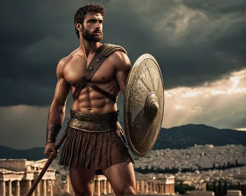 Ancient Greek warrior, muscular man, solo, (30yo), intense gaze, strong jawline, short beard, messy brown hair, bronze armor, leather sandals, holding a spear, standing, ancient Greece, Parthenon, clo