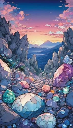 background with stones,stone background,dusk background,mountain sunrise,colored rock,mountain stone edge,landscape background,colored stones,alpine sunset,mountain landscape,mountain world,mountain beach,digital background,mountains,mountain scene,cartoon video game background,rock crystal,rocks,alpine landscape,pure quartz,Illustration,Japanese style,Japanese Style 04