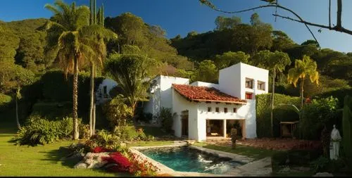 EL EXTERIOR DE UNA CASA CON ESTILO MEXCANO MODERNO, USO DE COLORES VIBRANTES, MATERIALES REFIONALES, TEJA, VIGAS DE MADERA, EN UN AMBIENTE EXUBERANTE, ESTANQUE DE AGUA AL FRENTE.,a white house with re