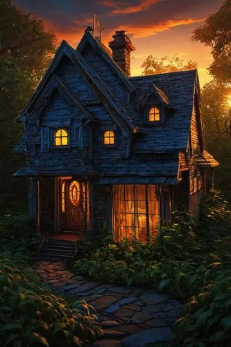 little house,lonely house,witch's house,house in the forest,wooden house,house silhouette,Conceptual Art,Fantasy,Fantasy 16